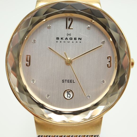 Skagen Slim Two Tone Date 35mm Unisex Watch Steel Mesh Facet Crystal New Battery - Picture 6 of 13